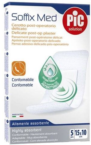 CEROTTO PIC SOFFIX MED IN TNT CON TAMPONE CENTRALE ASSORBENTE STERILE MONOUSO 10X15 CM ANTIBATTERICO 5 PEZZI - Farmavicinoate
